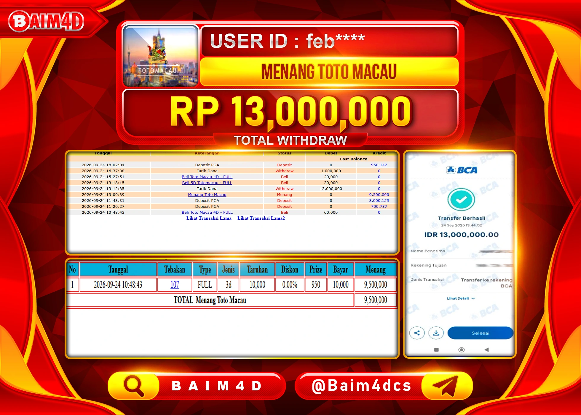 BAIM4D JACKPOT TOGEL MENANG TOTO MACAU Rp.13,000,000 - LUNAS