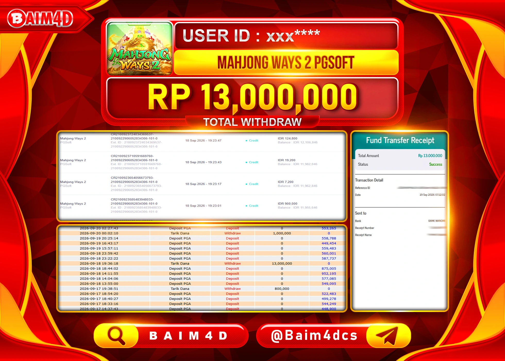 BAIM4D JACKPOT SLOT MAHJONG WAYS 2 PGSHOFT Rp.13,000,000 - LUNAS