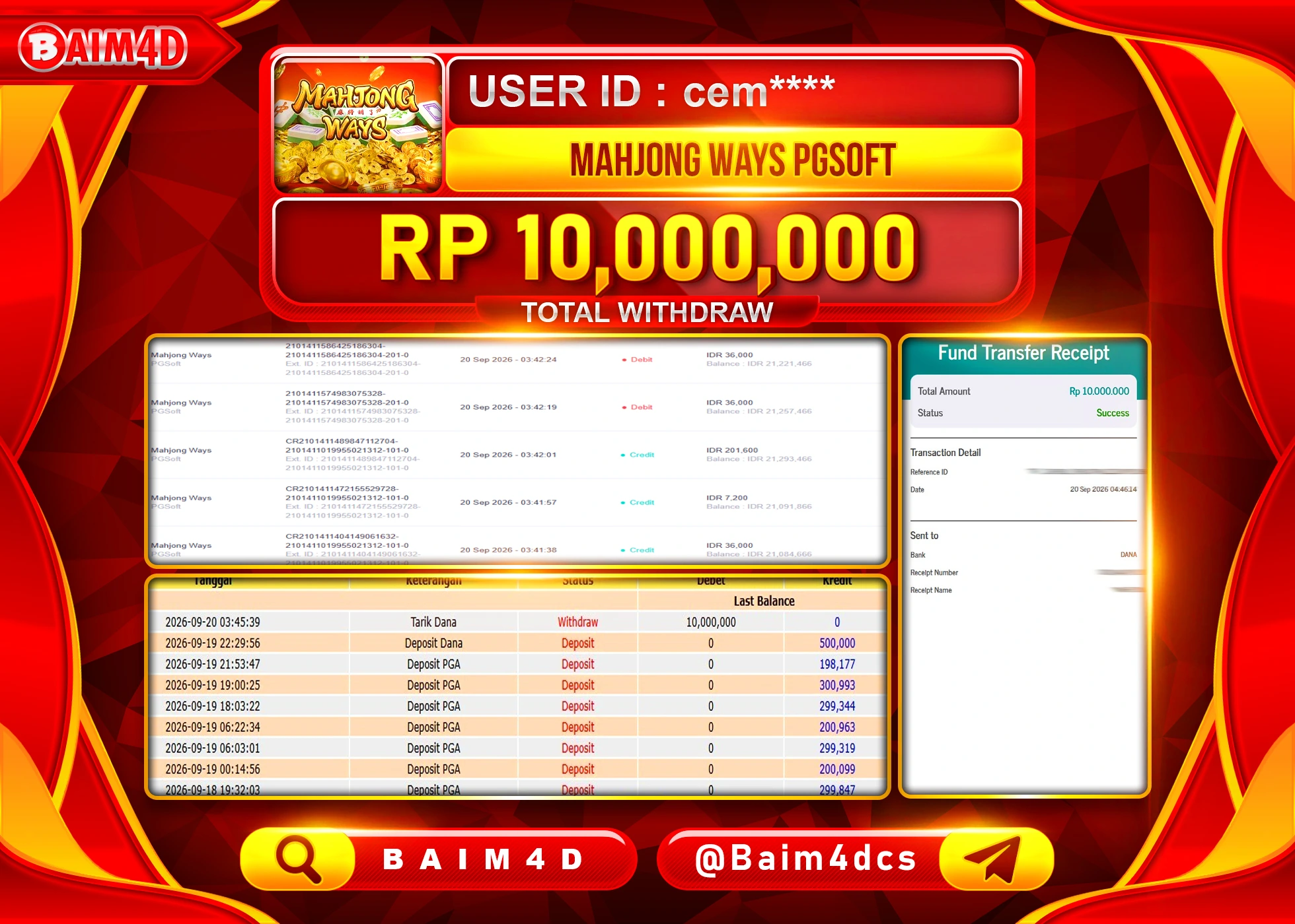 BAIM4D JACKPOT SLOT MAHJONG WAYS PG SHOFT Rp.10,000,000 - LUNAS