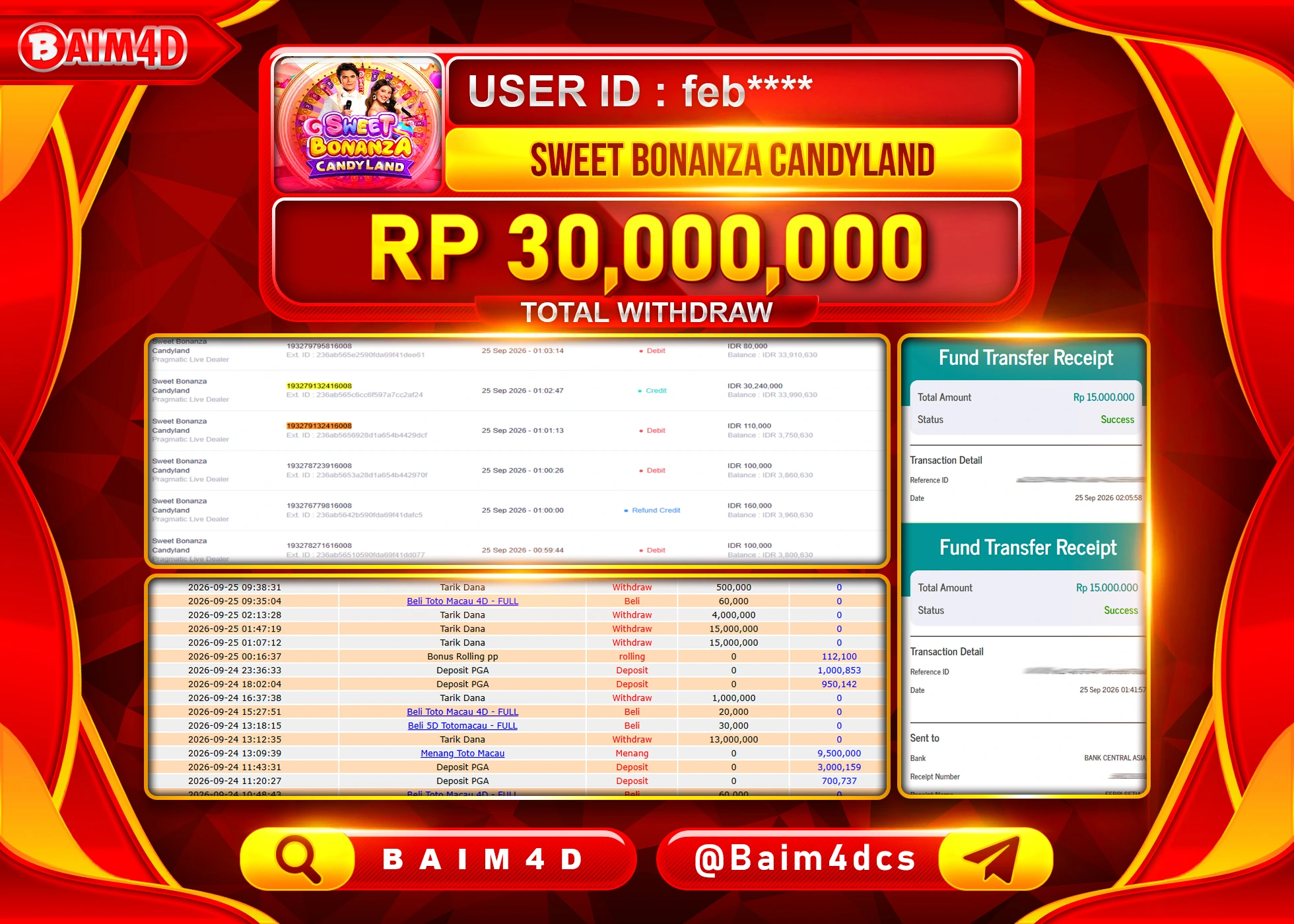 BAIM4D JACKPOT SWEET BONANZA CANDYLAND Rp.30,000,000 - LUNAS