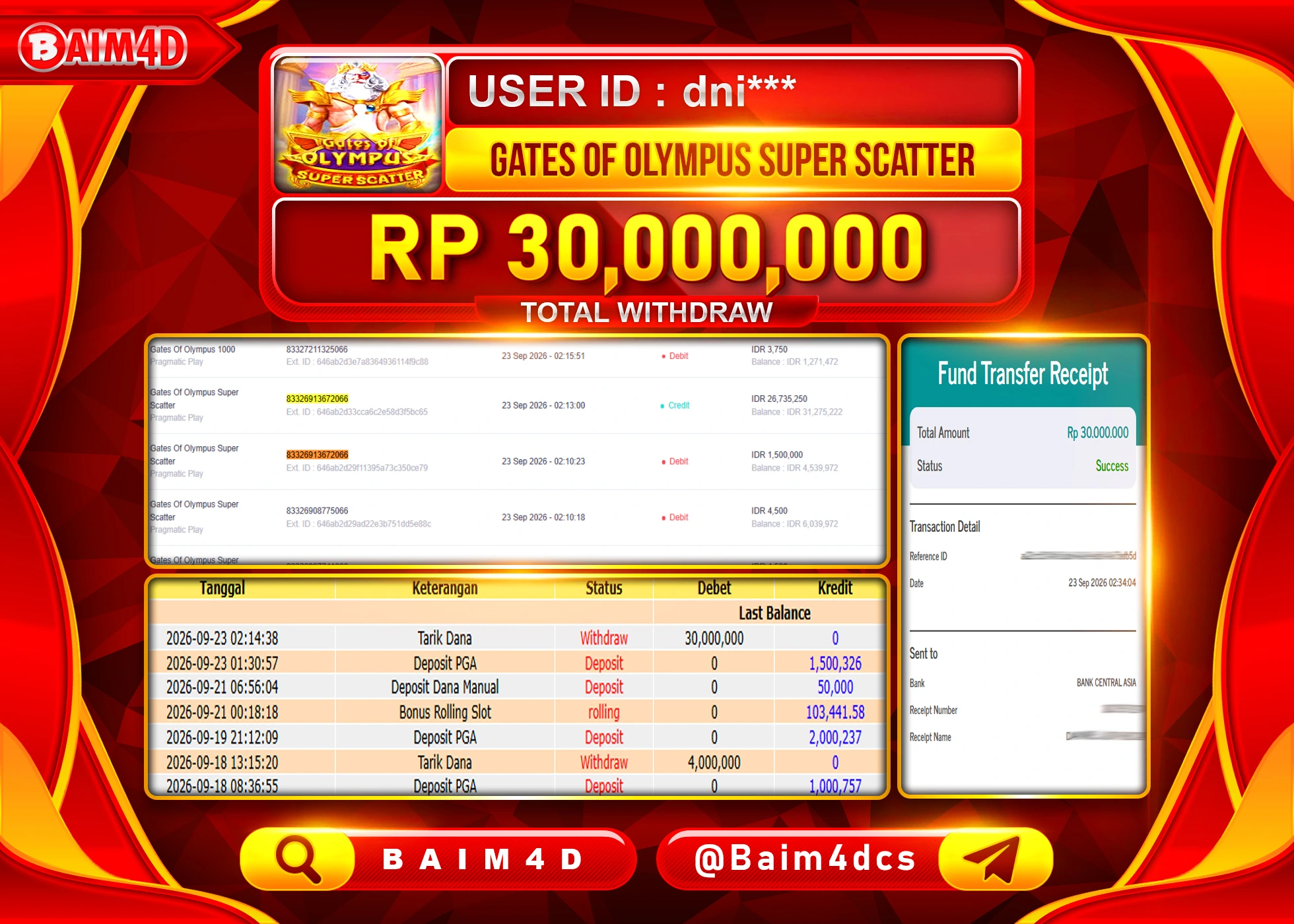 BAIM4D JACKPOT SLOT GATES OF OLYMPUS SUPER SCATTER Rp.30,000,000 - LUNAS