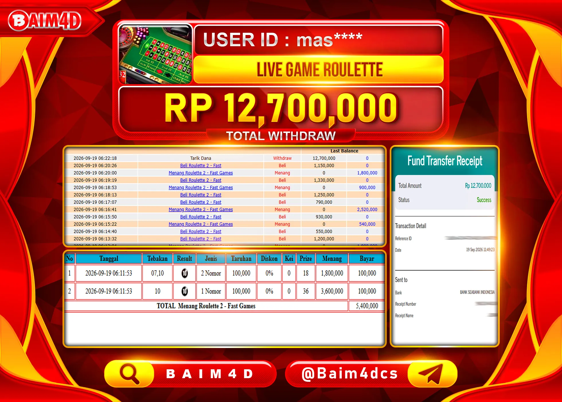 BAIM4D JACKPOT LIVEGAMES GAME ROULETTE Rp.12,700,000 - LUNAS