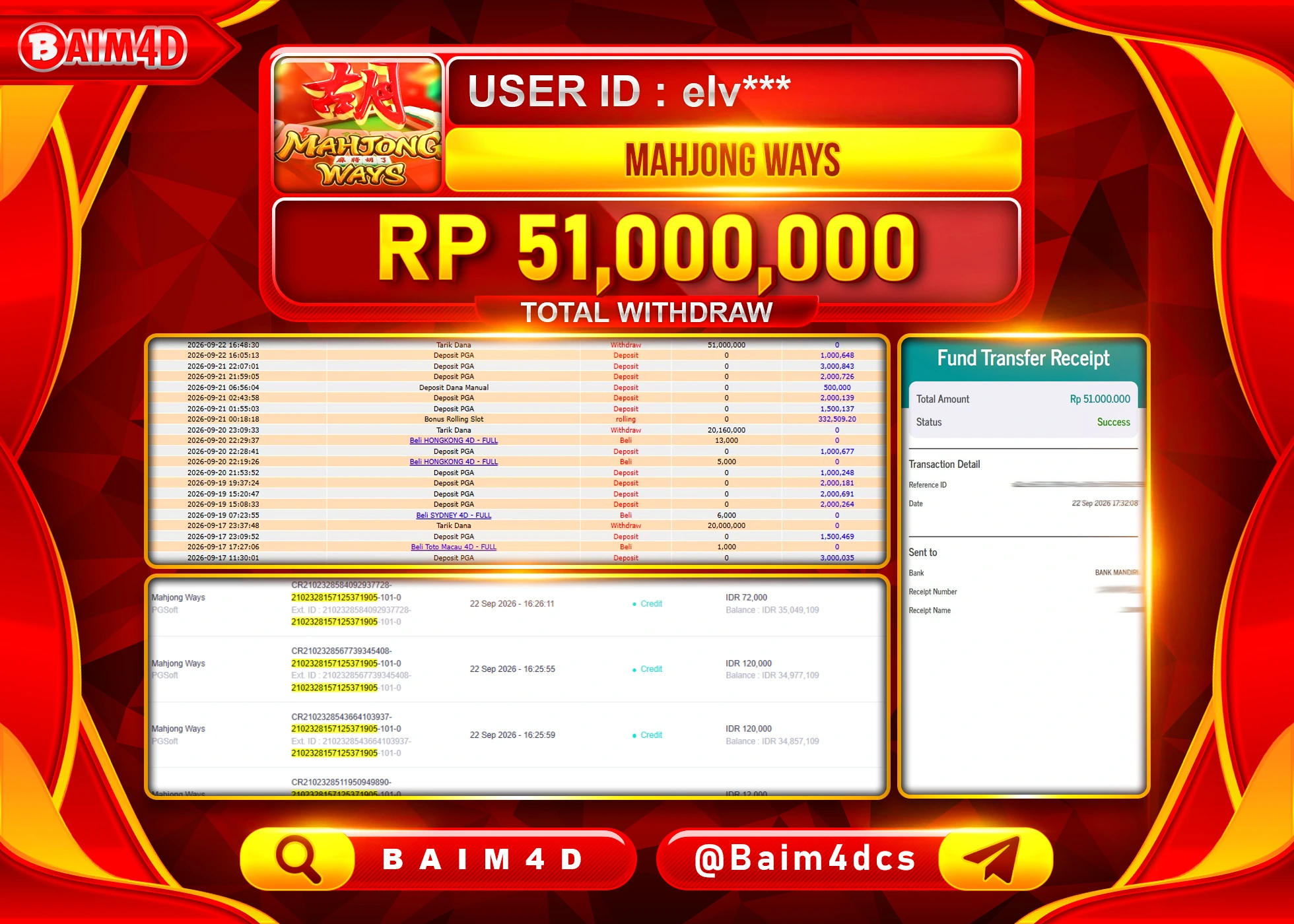 BAIM4D JACKPOT SLOT MAHJONG WAYS PGSHOFT Rp.51,000,000 - LUNAS