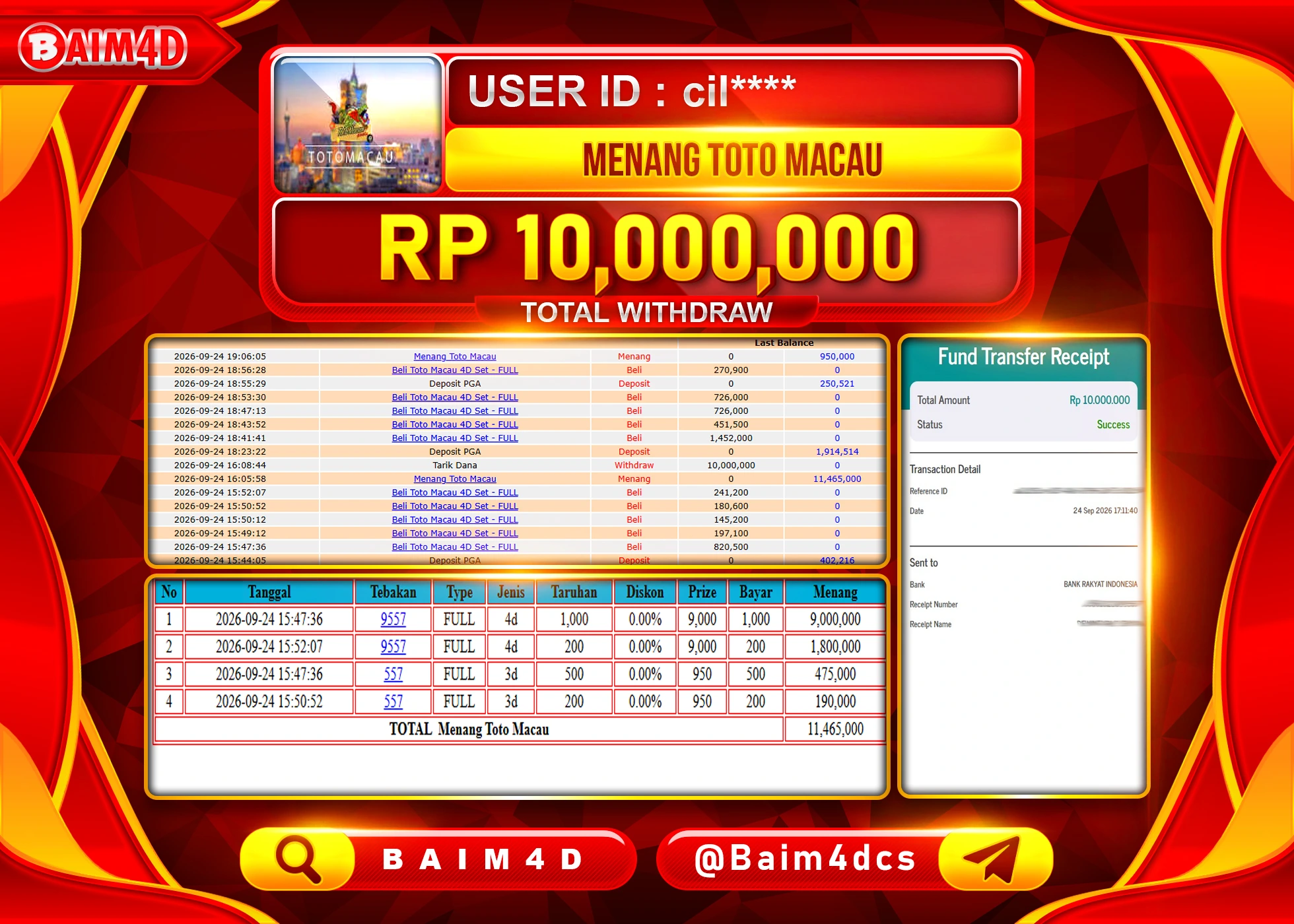 BAIM4D JACKPOT TOGEL MENANG TOTO MACAU Rp.10,000,000 - LUNAS