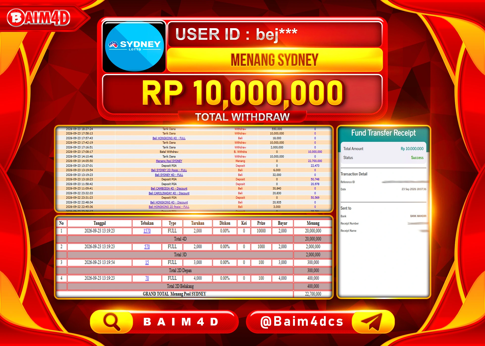 BAIM4D JACKPOT TOGEL MENANG SYDNEY LOTTO Rp.10,000,000 - LUNAS