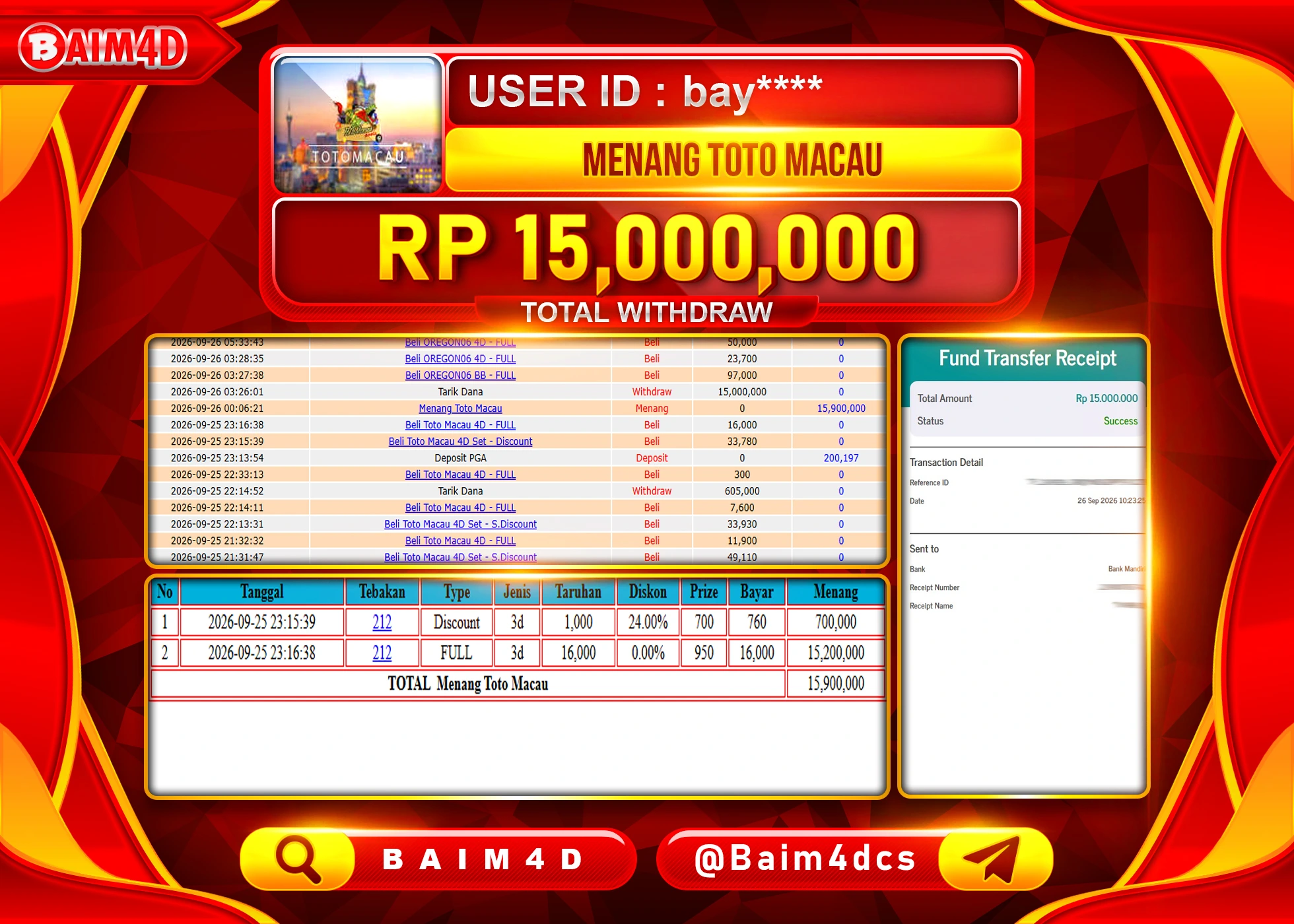 BAIM4D JACKPOT SLOT MENANG TOTO MACAU Rp.15,000,000 - LUNAS