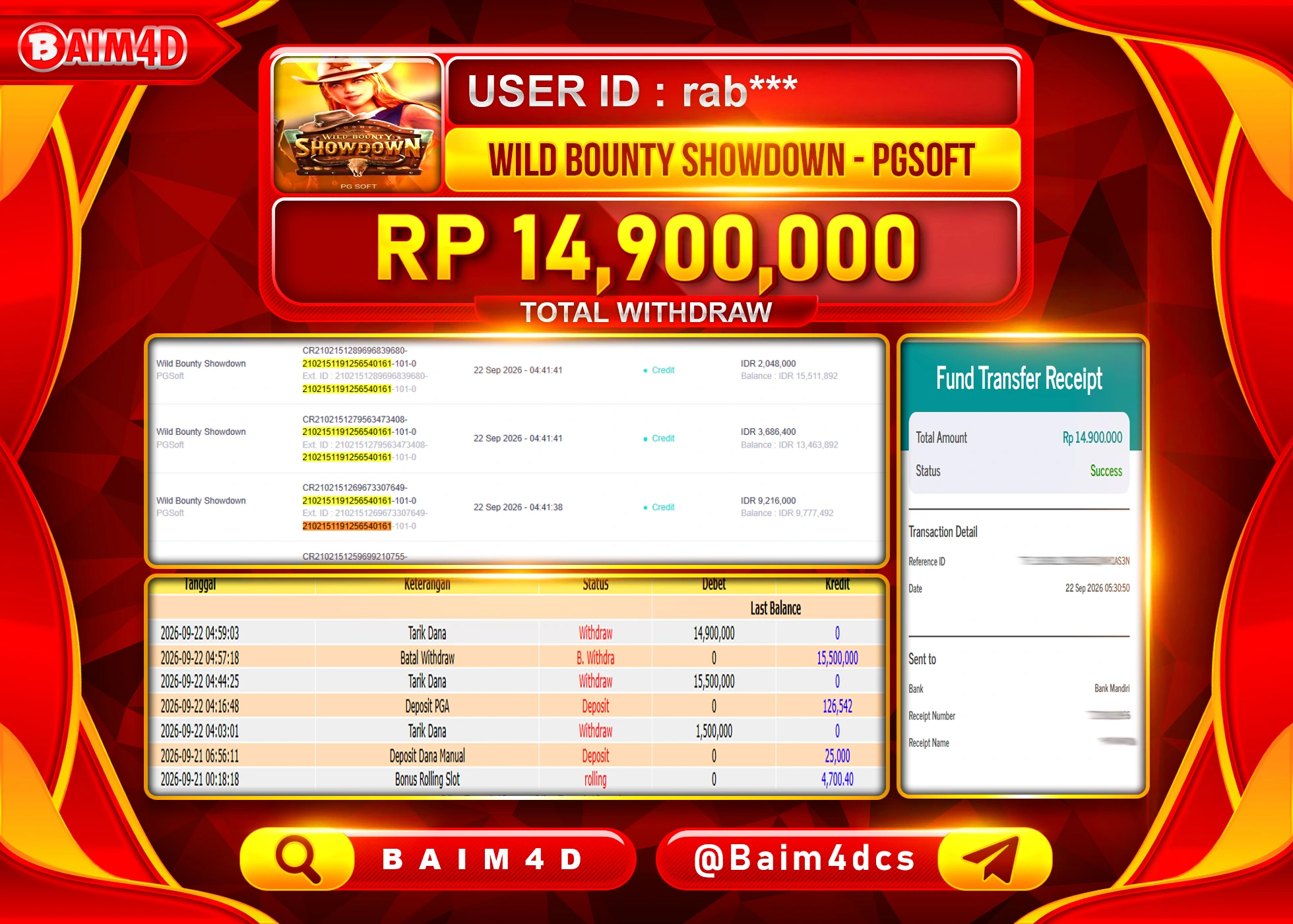 BAIM4D JACKPOT SLOT WILD BOUNTY SHOWDOWN Rp.14,900,000 - LUNAS