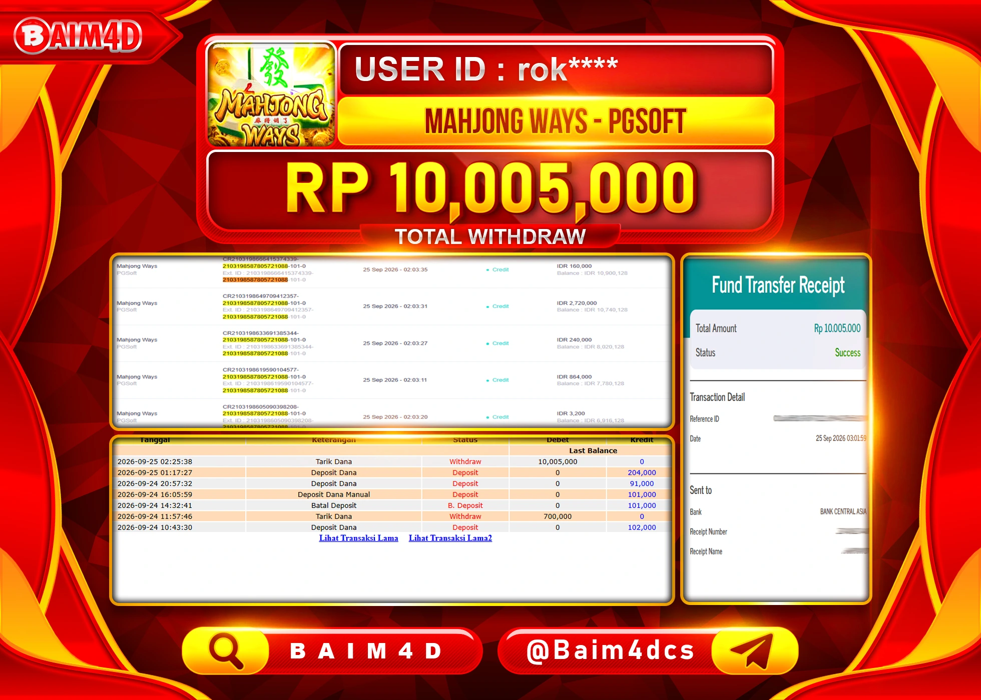 BAIM4D JACKPOT SLOT MAHJONG WAYS PG SHOFT Rp.10,005,000 - LUNAS