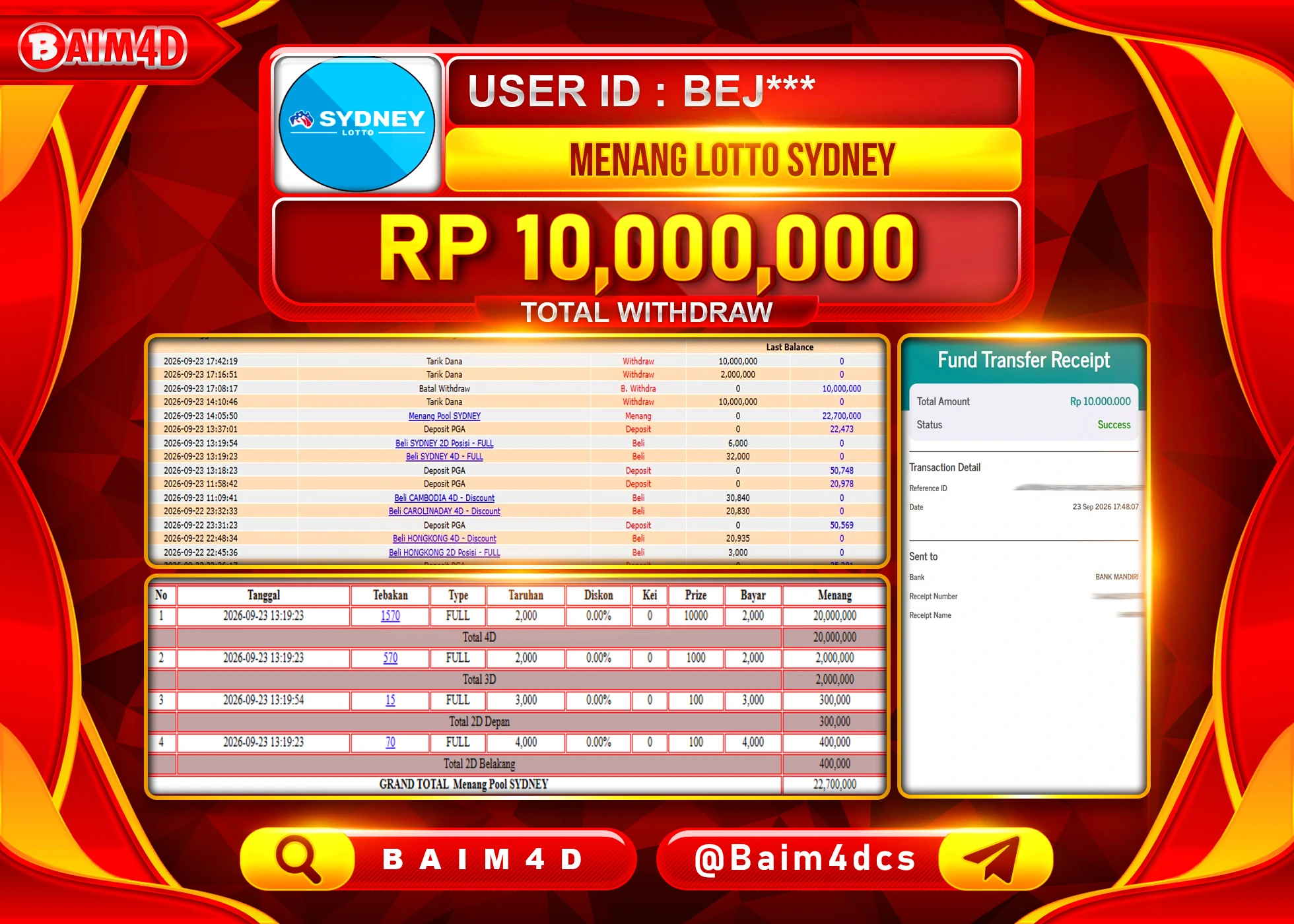 BAIM4D JACKPOT TOGEL MENANG SYDNEY LOTTO Rp.10,000,000 - LUNAS