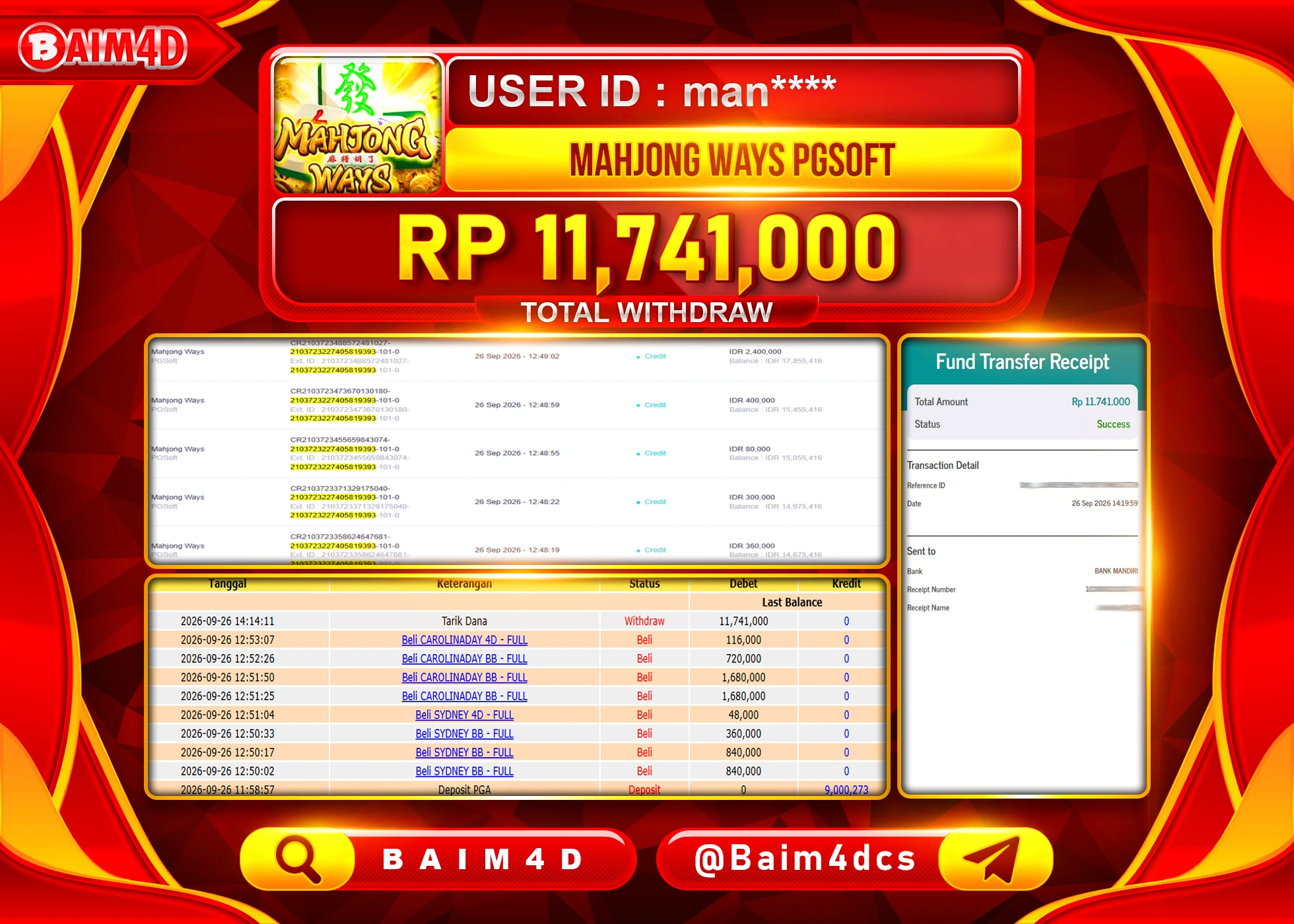 BAIM4D JACKPOT SLOT MAHJONG WAYS Rp.11,741,000 - LUNAS