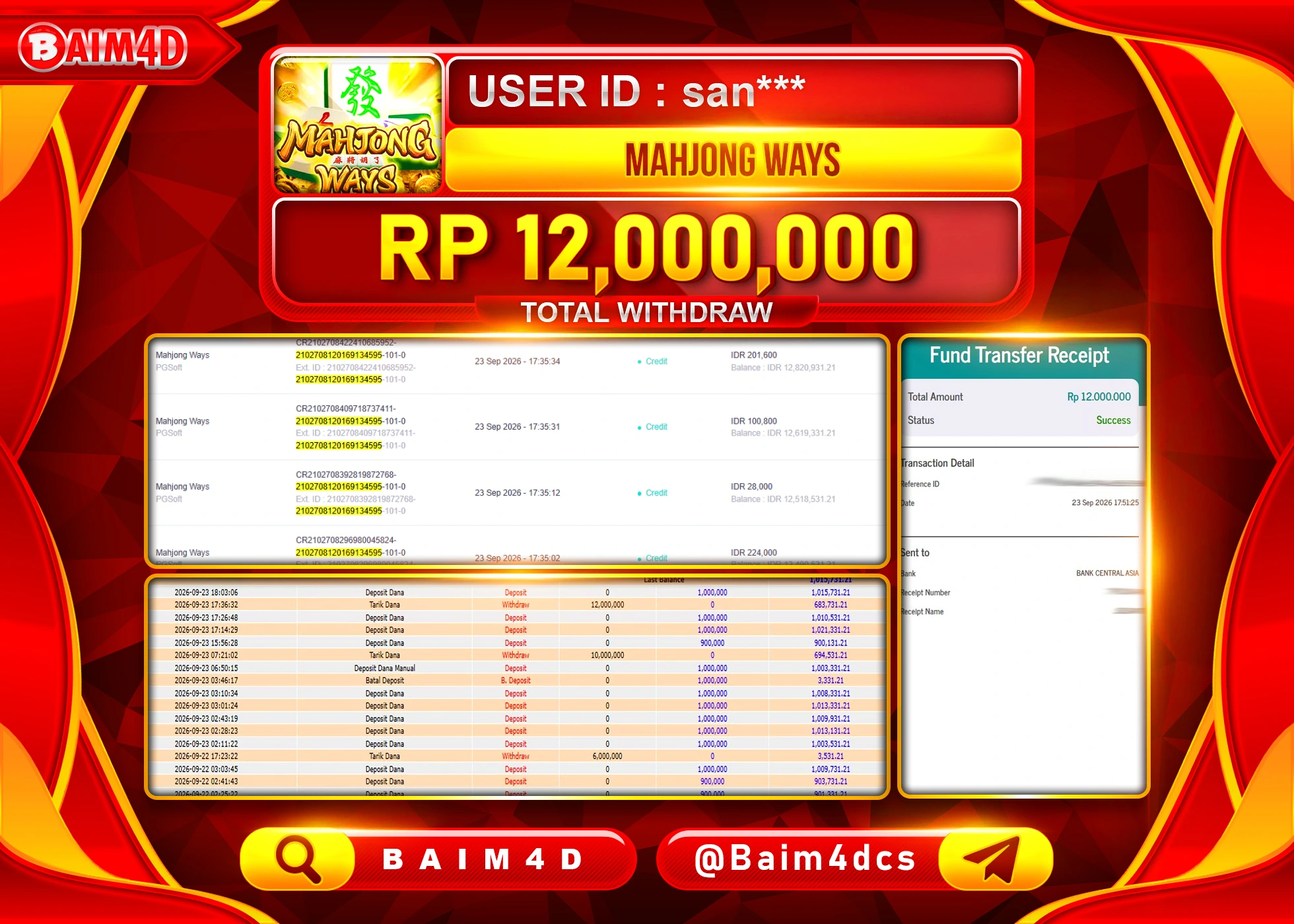 BAIM4D JACKPOT SLOT MAHJONG WAYS PG SHOFT Rp.12,000,000 - LUNAS