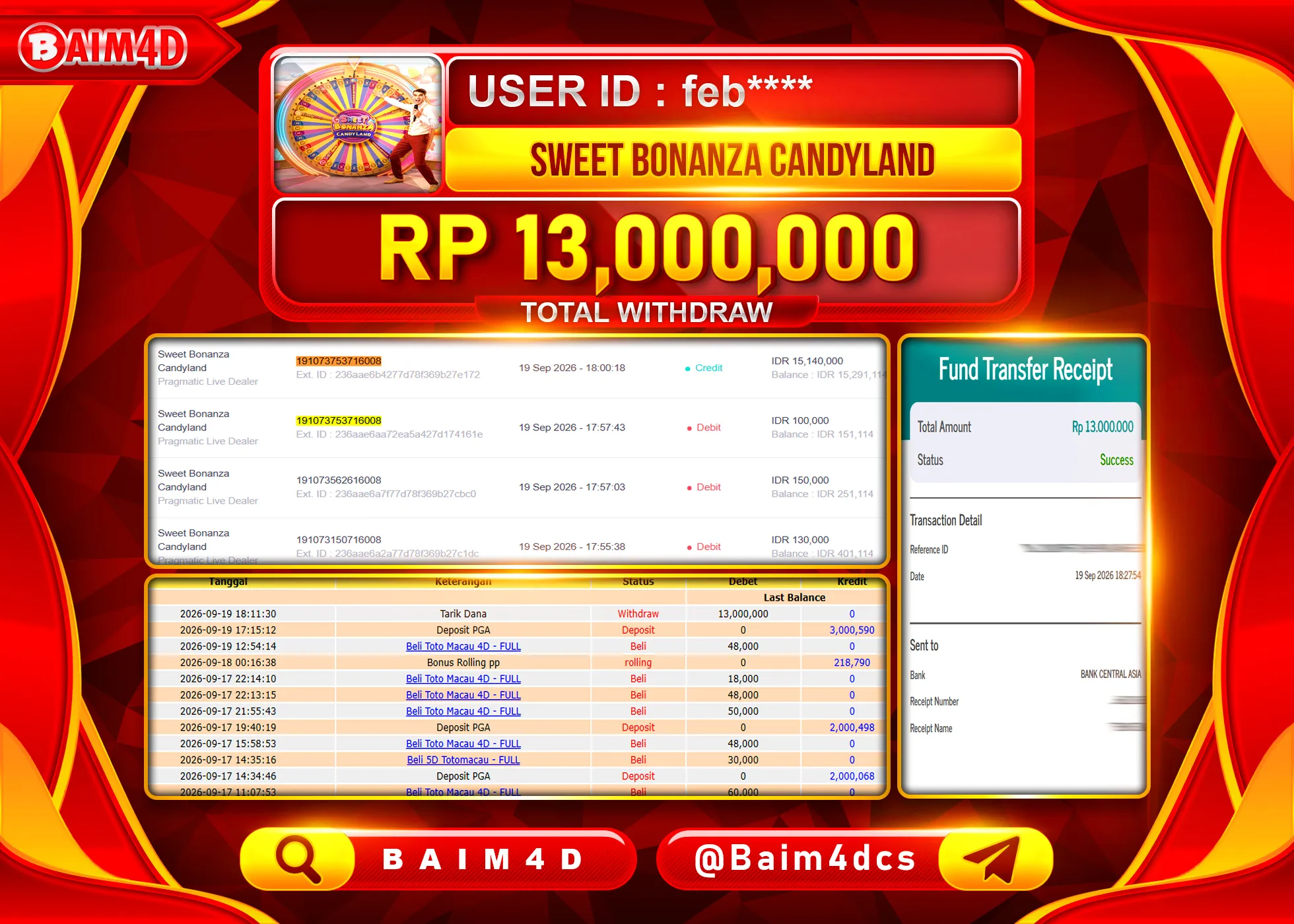 BAIM4D JACKPOT SWEET BONANZA CANDYLAND Rp.13,000,000 - LUNAS